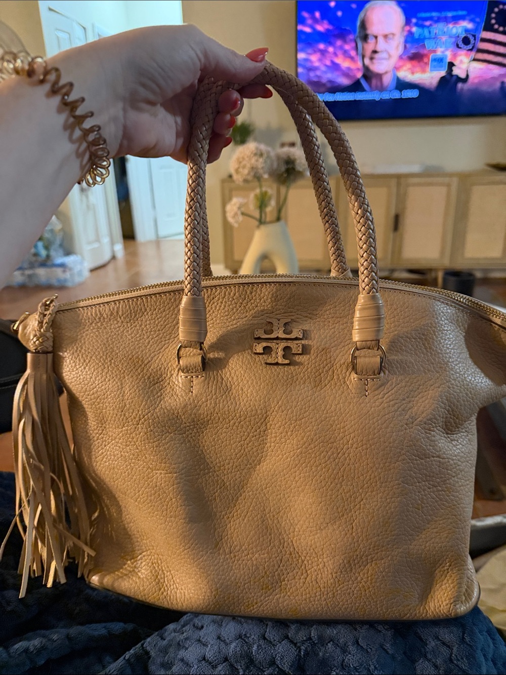 Tory Burch Beige Leather Tote with Braided Handles and Tassel
